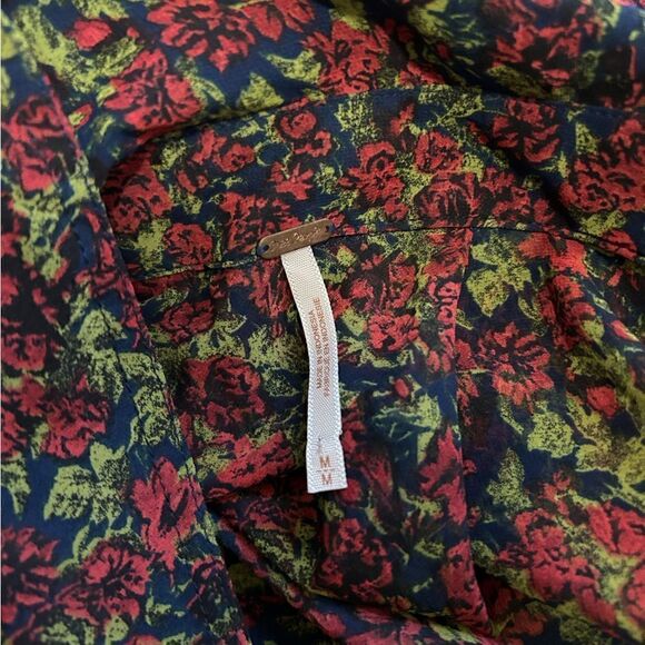 Free People Easy Rider Blue Green Red Rose Floral Sheer Button Up Blouse Sz M - Picture 12 of 12